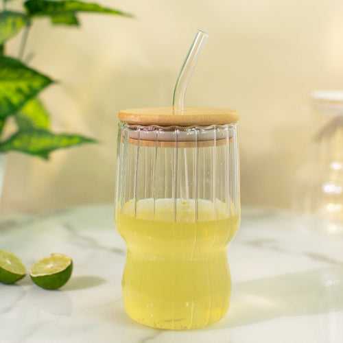 Ribbed Drinking Glass Tumbler with Bamboo Lid & Glass Straw