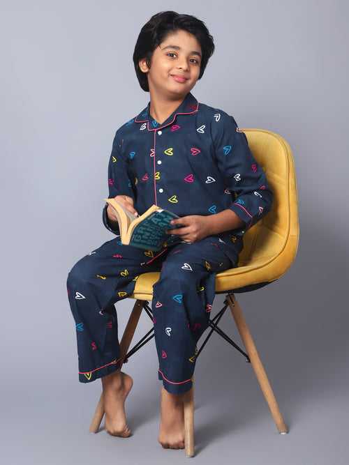 Cotton Dark Blue Geometric Kids Night Suit For Boys & Girls
