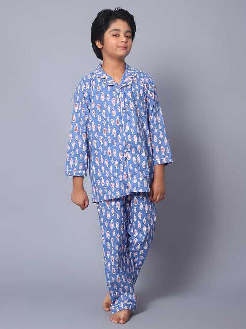 Cotton Light Blue Fish Kid Night Suit For Boys & Girls