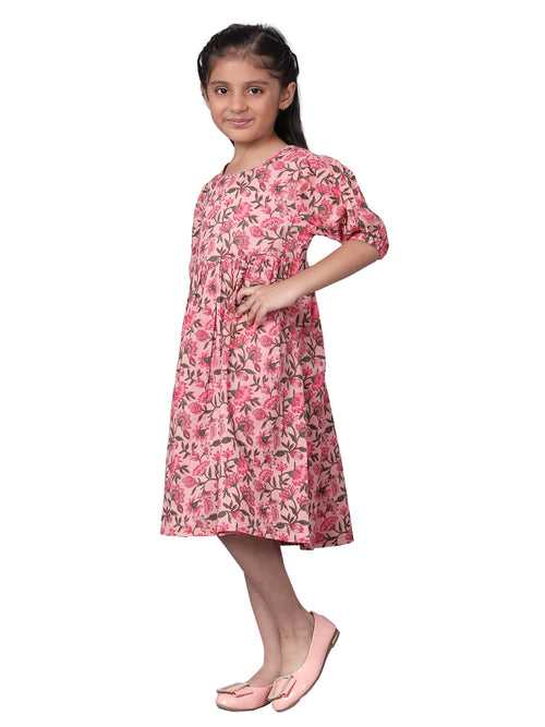 KiddieKid Green Pink Floral Printed Cotton Kids Dress For Girls