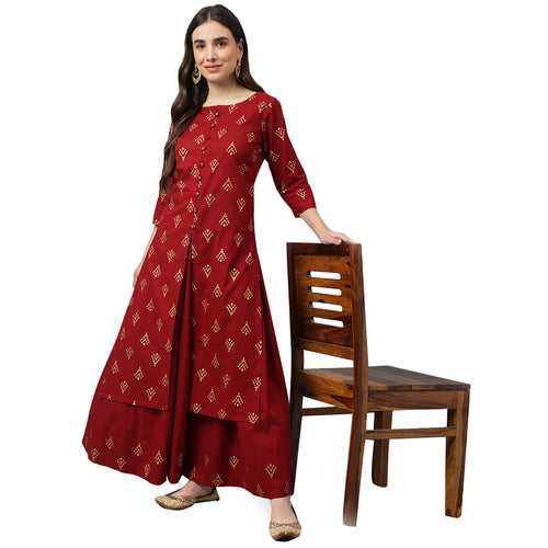 Idalia Printed Kurta With Maroon Cotton Skirt