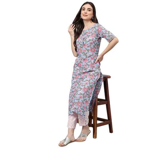 Idalia Hand Block Print Sky Blue Cotton Kurta With Cotton Pants