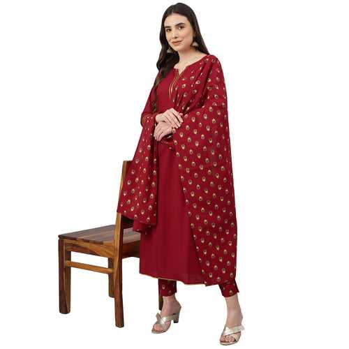 Idalia Maroon Cotton Kurta With Printed Pants & Dupatta