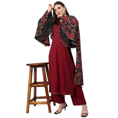 Idalia Maroon Cotton Kurta With Palazzo Pants and Printed Dupatta