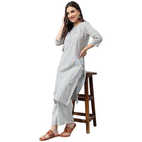 Idalia Sage Blue Printed Cotton Kurta With White Printed
Palazzo Pants