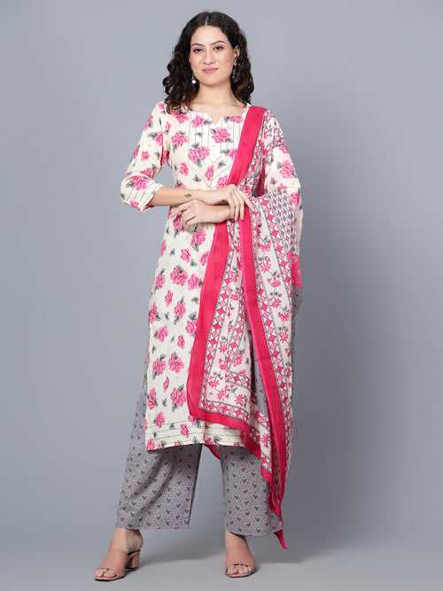 IdaLia Pink Floral Printed Kurta And Grey Pant With Dupatta for Women