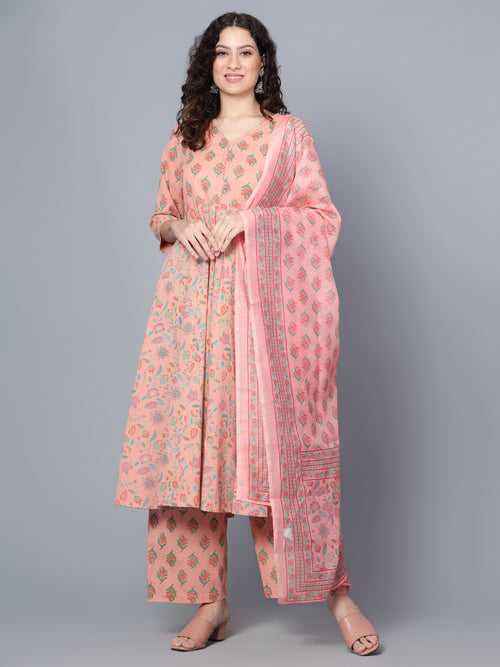 IdaLia Coral Printed Cotton Kurta Set with Dupatta for Women