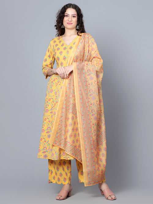 IdaLia Mustard Cotton Printed Kurta Set with Dupatta for Women