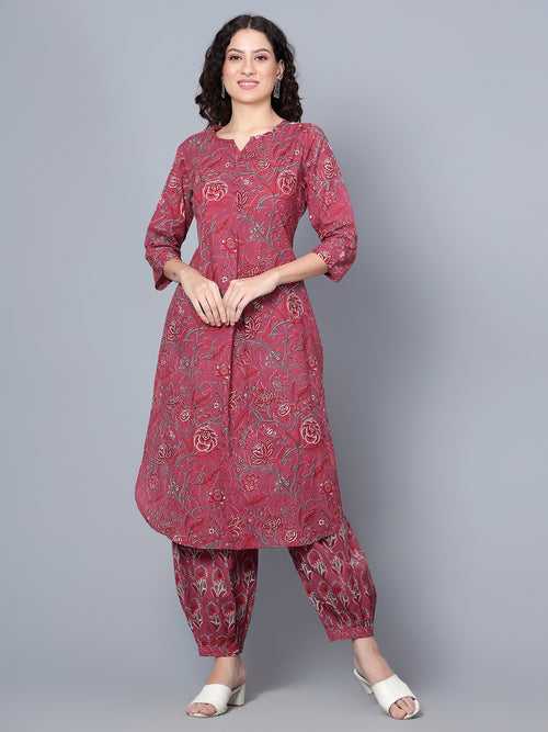 IdaLia Maroon Printed Cotton Kurta Set