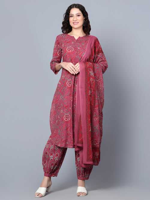 IdaLia Maroon Cotton Printed Cotton Kurta Set with Dupatta for Women