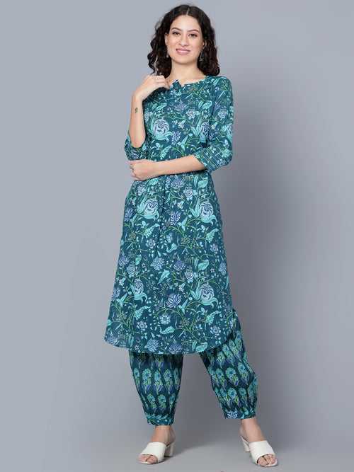 IdaLia Blue Cotton Printed Cotton Kurta Set