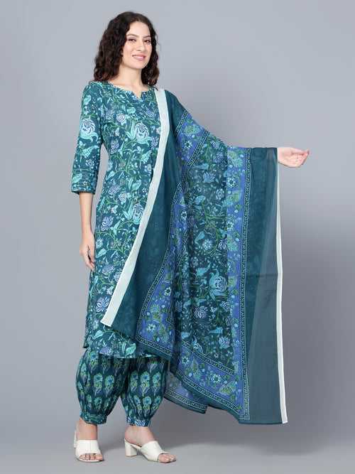 IdaLia Blue Printed Cotton Kurta Set with Dupatta for Women for Women