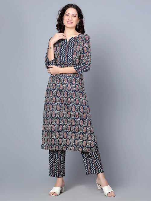 IdaLia Indigo Blue Printed Cotton Kurta Set