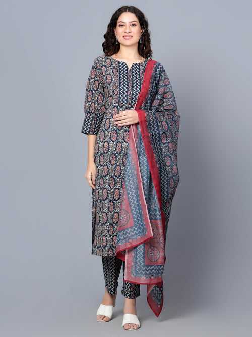 IdaLia Indigo Blue Printed Cotton Kurta Set with Dupatta for Women