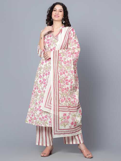 IdaLia Multicolour Floral Printed Cotton Kurta Set with Dupatta for Women