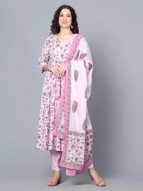 IdaLia Lavender Floral Printed Cotton Kurta Set with Dupatta for Women