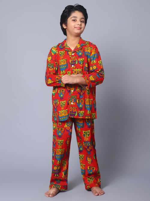KiddieKid Red Multicolor Owl Printed Cotton Kids Night Suit For Boys & Girls