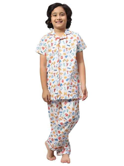 KiddieKid White, Multicolor Alphabets Printed Cotton Kids Night Suit For Boys & Girls