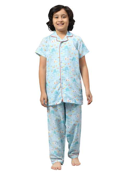 KiddieKid Sky Blue Jellyfish and Submarine Printed Cotton Kids Night Suit For Boys & Girls