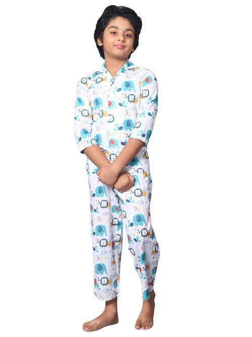 KiddieKid Multicolor Elephant Floral Printed Cotton Kids Night Suit For Boys & Girls