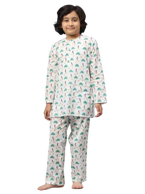 KiddieKid White & Green Frog Printed Cotton Kids Night Suit For Boys & Girls