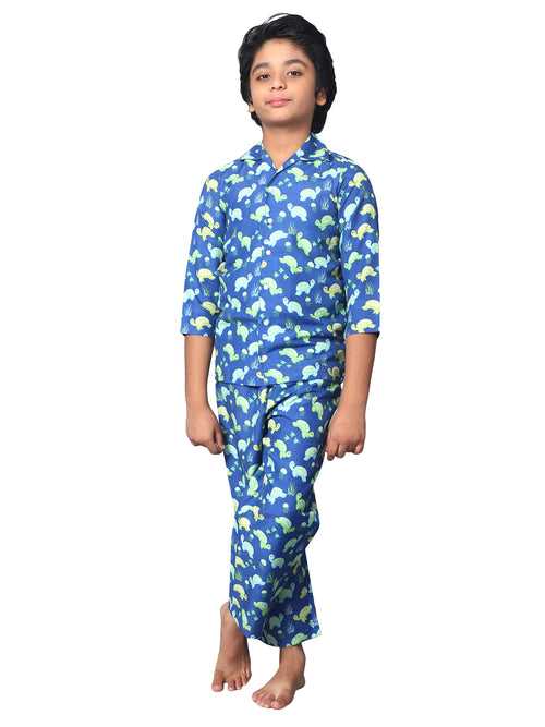 KiddieKid Blue & Green Tortoise Printed Cotton Kids Night Suit For Boys & Girls