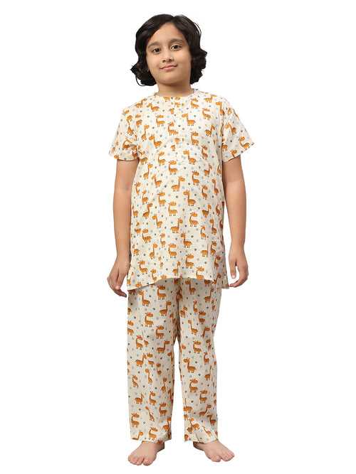 KiddieKid Cream and Orange Giraffe Printed Cotton Kids Night Suit For Boys & Girls