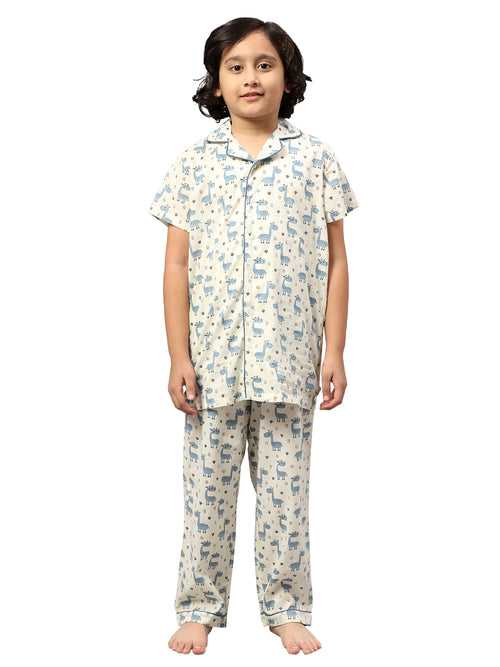KiddieKid Cream & Blue Giraffe Printed Cotton Kids Night Suit For Boys & Girls