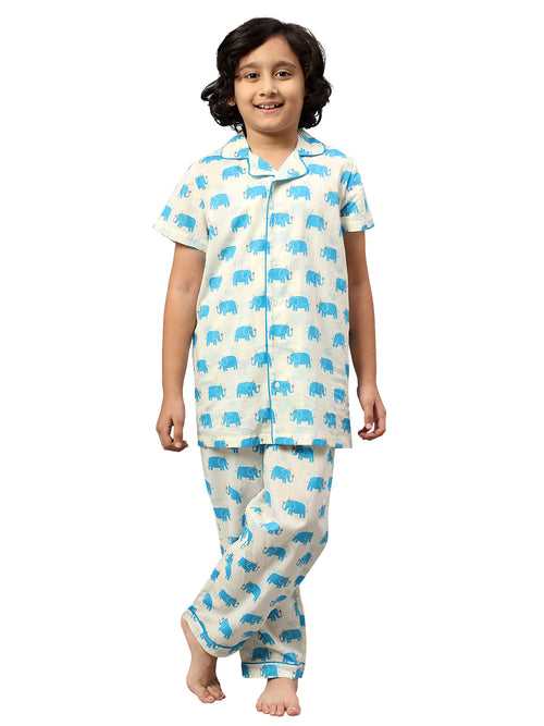 KiddieKid Cream & Blue Elephant Printed Cotton Kids Night Suit For Boys & Girls