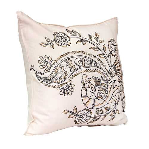 White Handpainted Peacock Cushion Cover