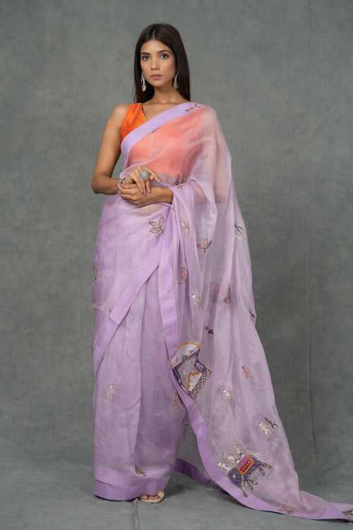Kinara Handpainted & Handworked Lavender Saree