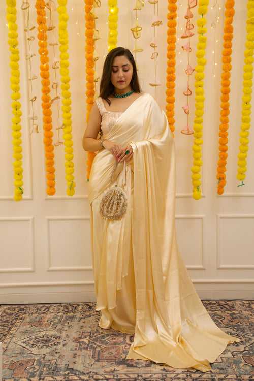 Pre-draped Light Golden  Satin Saree