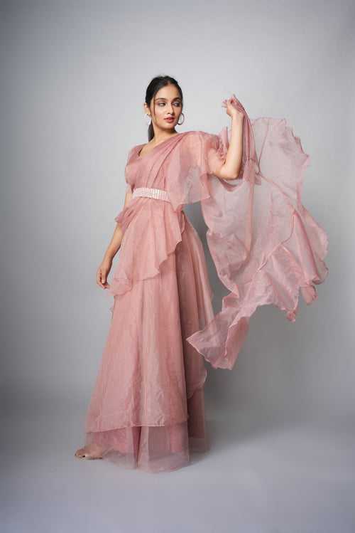 Raaya Pre draped Pink Ruffle Saree