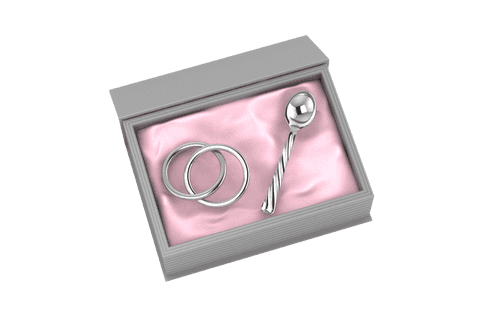 Silver Plated Gift Set for Baby - Hamper with 2 Ring Rattle and Twisted spoon