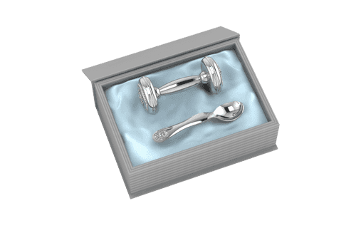 Silver Plated Gift Set for Baby - Hamper with Teddy Dumbbell Rattle and Teddy Spoon