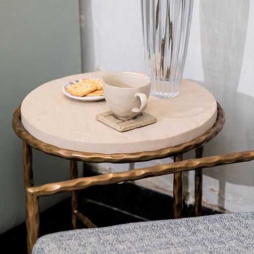 Elan Amadeus Round Side Table (Beige Stone, Antique Gold Finish)