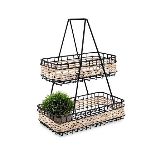 Elan Cassia Natural Rattan Two Tier Stand, Fruit and Vegetable Stand,  Storage Organizer (Black)