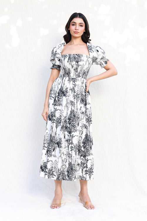 Black & white palm tree print midi dress