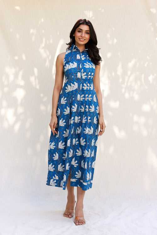 Abstrack floral print blue shirt style midi dress
