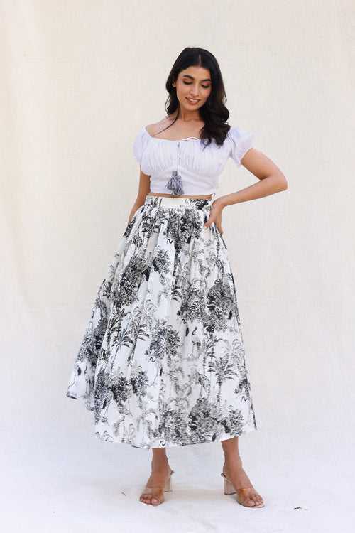 Palm print flarred skirt with fitted crop top set