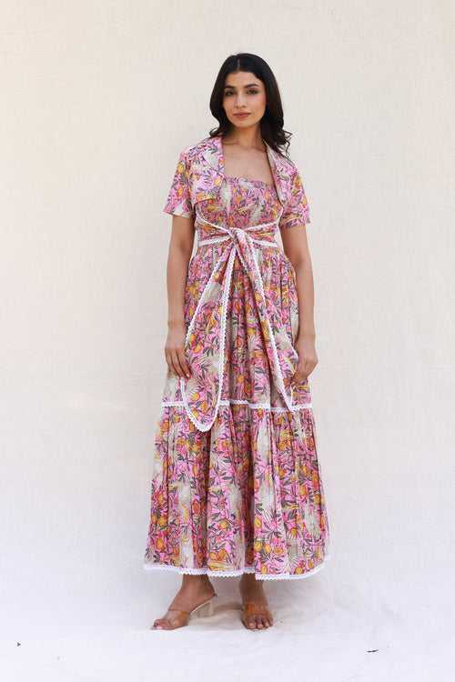 Smocking tube front knot pink printed maxi dress with cropped jacket