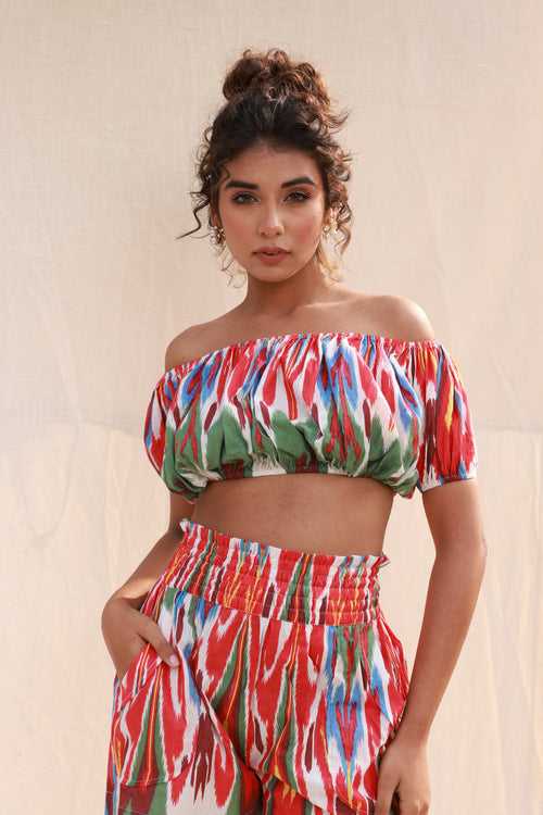 Off shoulder crop top with high waist shorts co-ord set