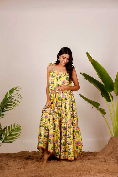 Yellow floral shoulder tie knot tier flarred maxi