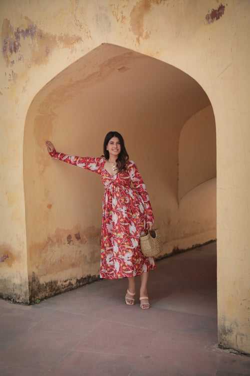 Bird print red full sleeves midi dress