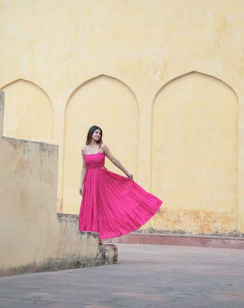 Side waist cut-out hot pink tier maxi