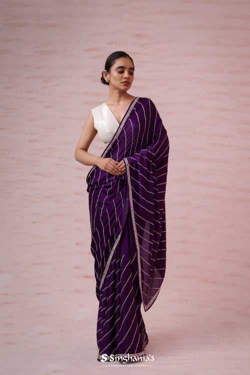 Imperial Purple Organza Saree With Hand Embroidery