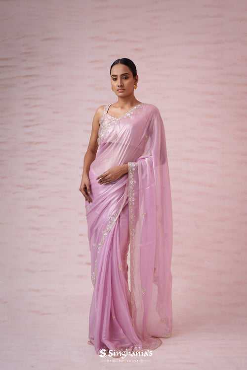 Taffy Pink Tissue Organza Designer Saree With Hand Embroidery