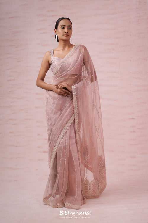 Lemonade Pink Tissue Organza Saree With Hand Embroidery