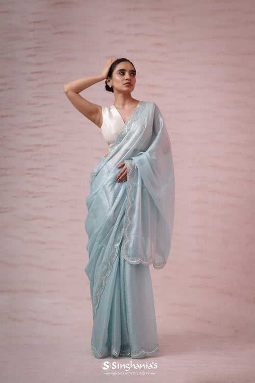 Powder Blue Organza Saree With Hand Embroidery
