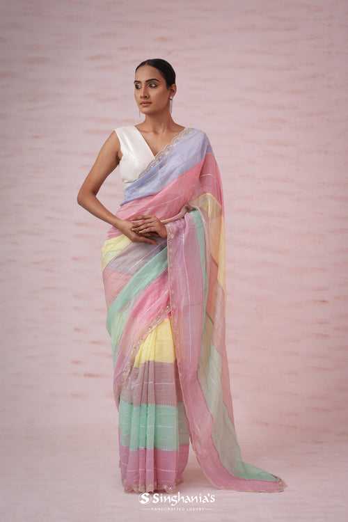 Peach Multi Color Tissue Organza Saree With Hand Embroidery